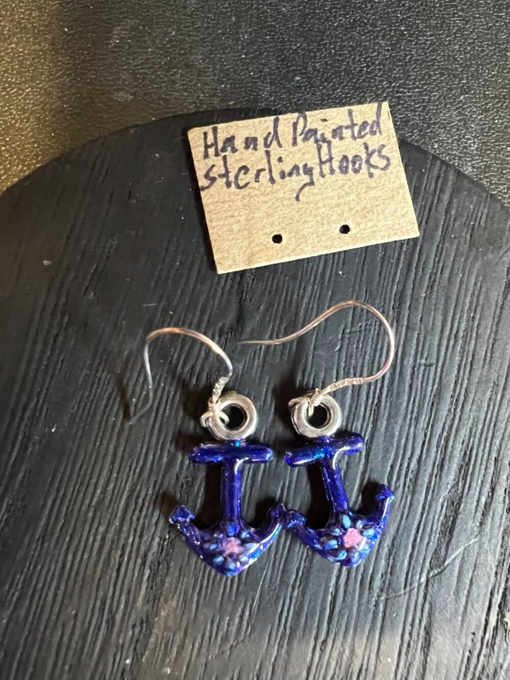 Hand Painted Blue Anchor Dangle Earrings, Sterling Hooks, OOAK